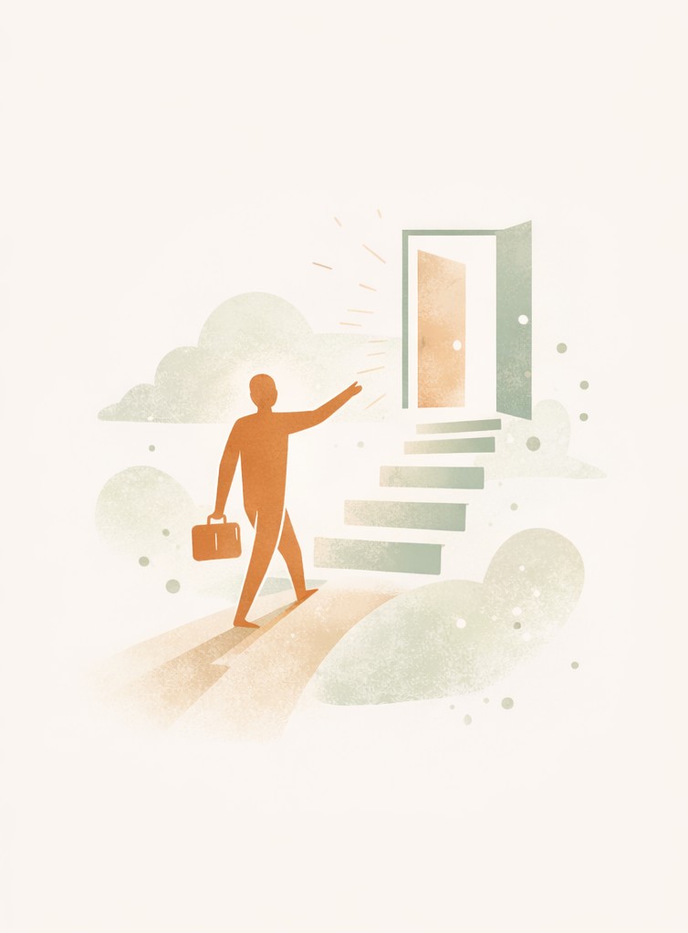 Illustration symbolique d’un nouveau départ professionnel et d’une recherche d’emploi apaisée